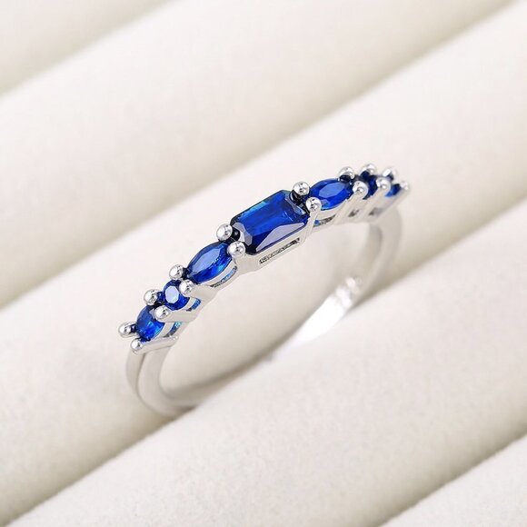 💎Tiny Rectangular Bright Royal Blue Shiny Zircon Trendy Ring for Women,PD685 - Picture 5 of 7